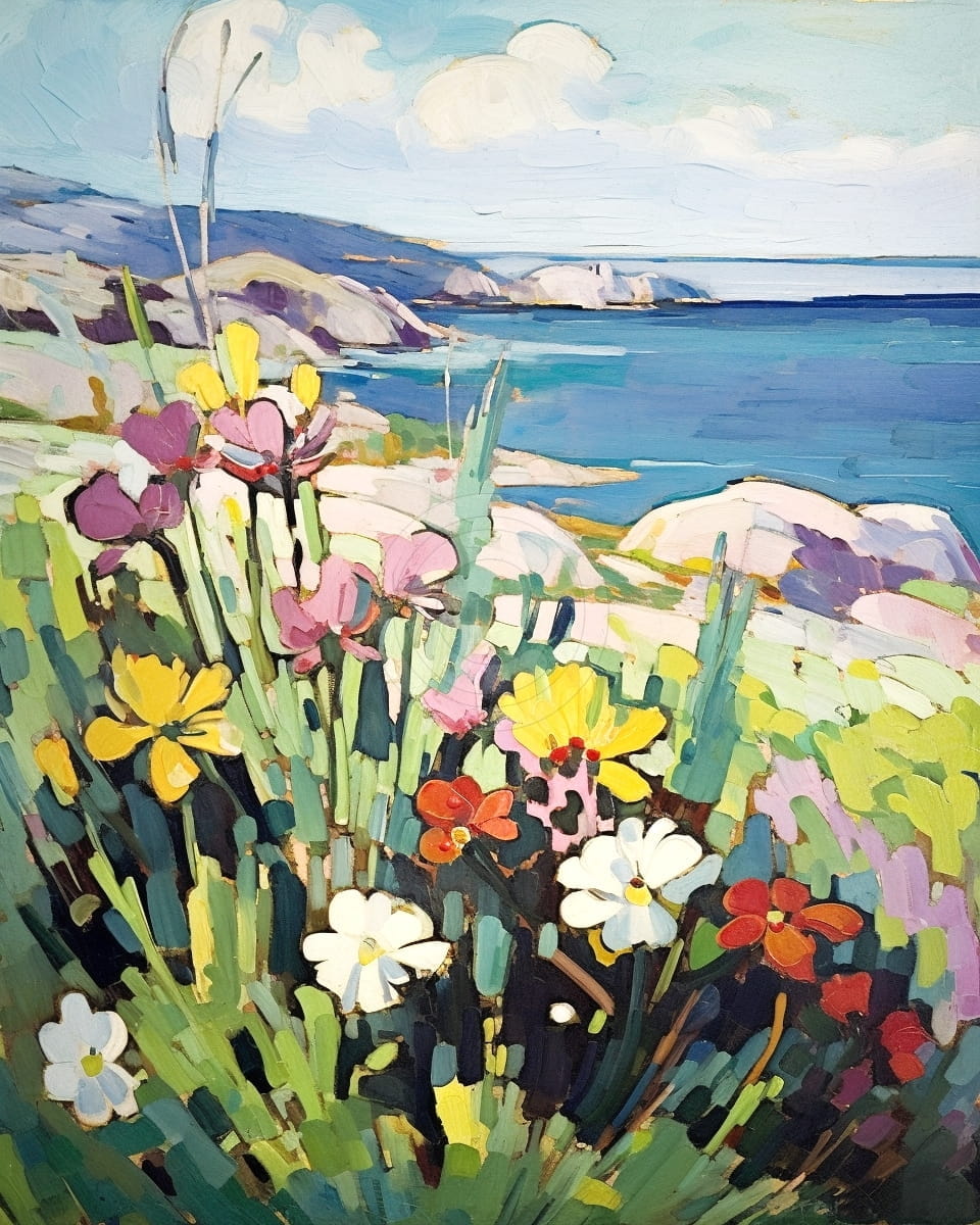 Palette knife flowers by the sea