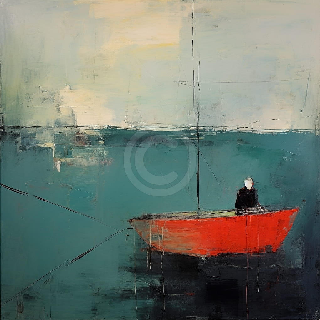 Homme dans un Bateau Rouge sur Mer Bleu-Vert