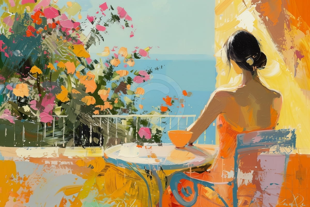 Mujer con vestido naranja sentada en balcón con cuenco