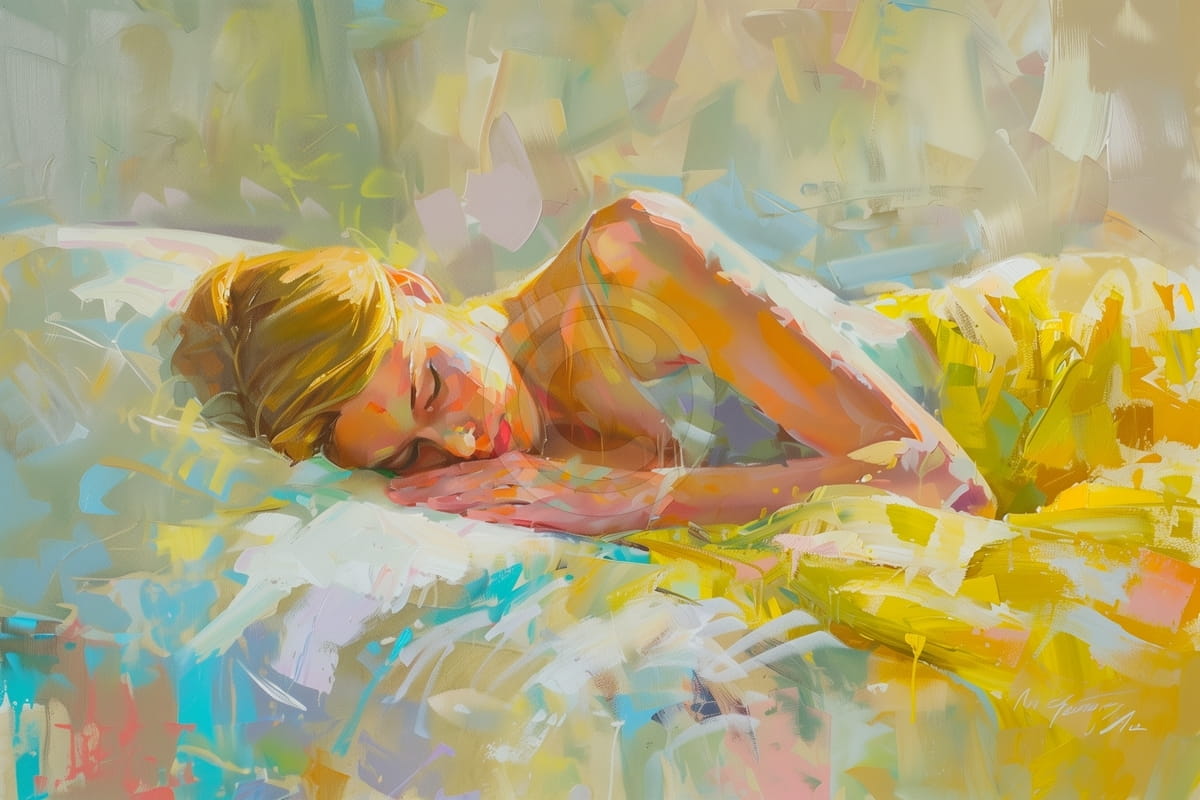 Mujer dormida de lado con manta amarilla