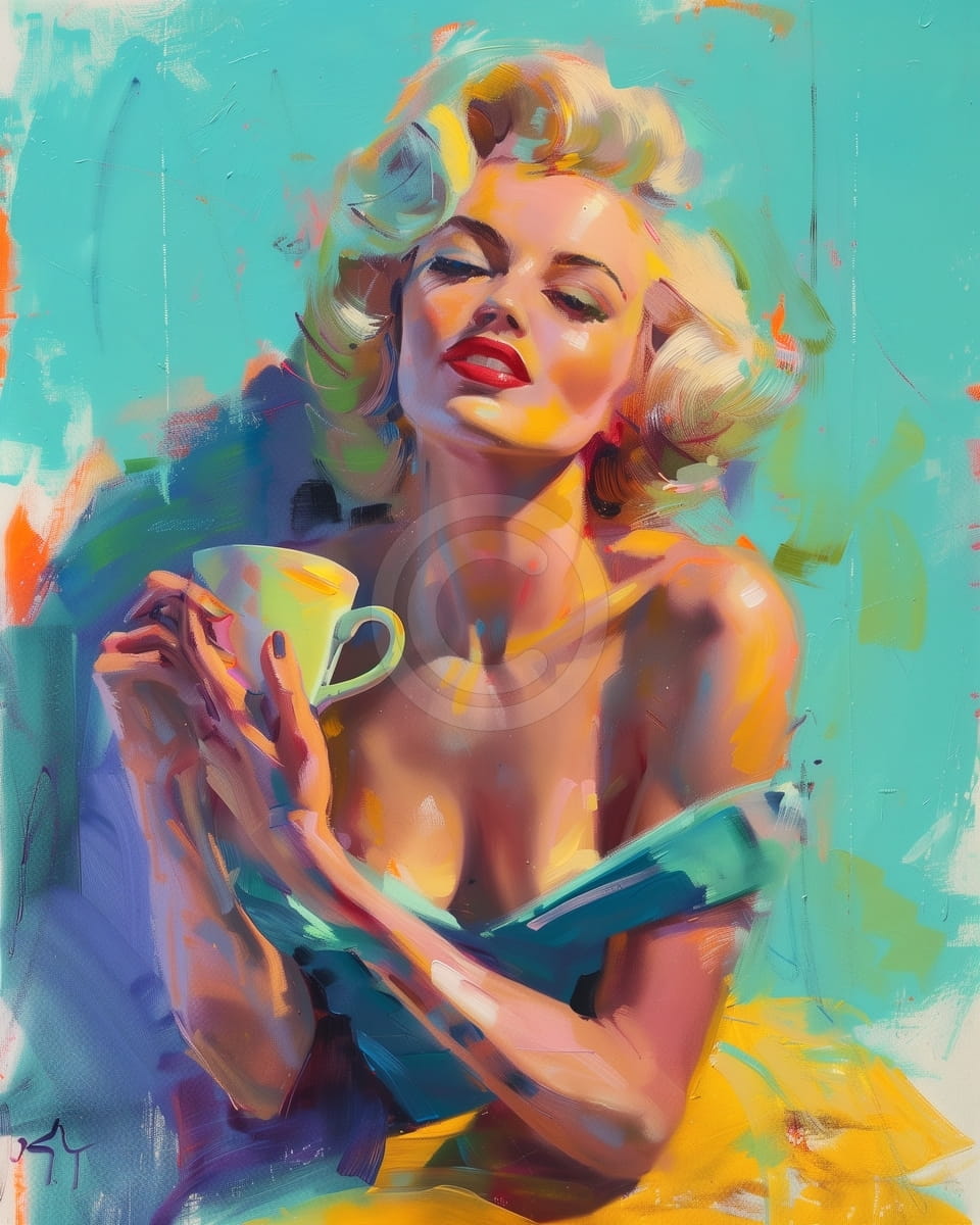 Blonde Woman with Cup on Turquoise Background