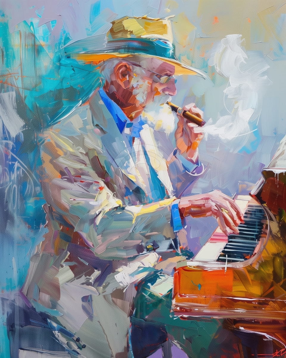 Mann mit Hut spielt Klavier und raucht Zigarre