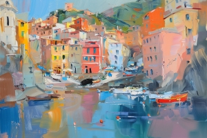 Colorful Harbor Town with Boats