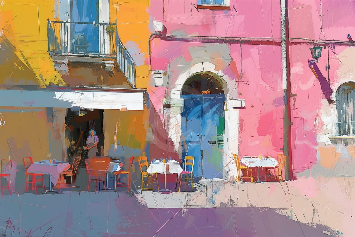 Mesas de Café en Calle Soleada y Colorida