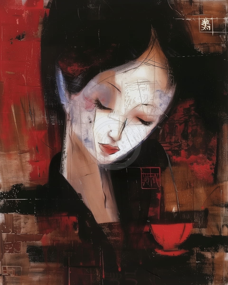 Femme aux lèvres rouges et tasse de thé
