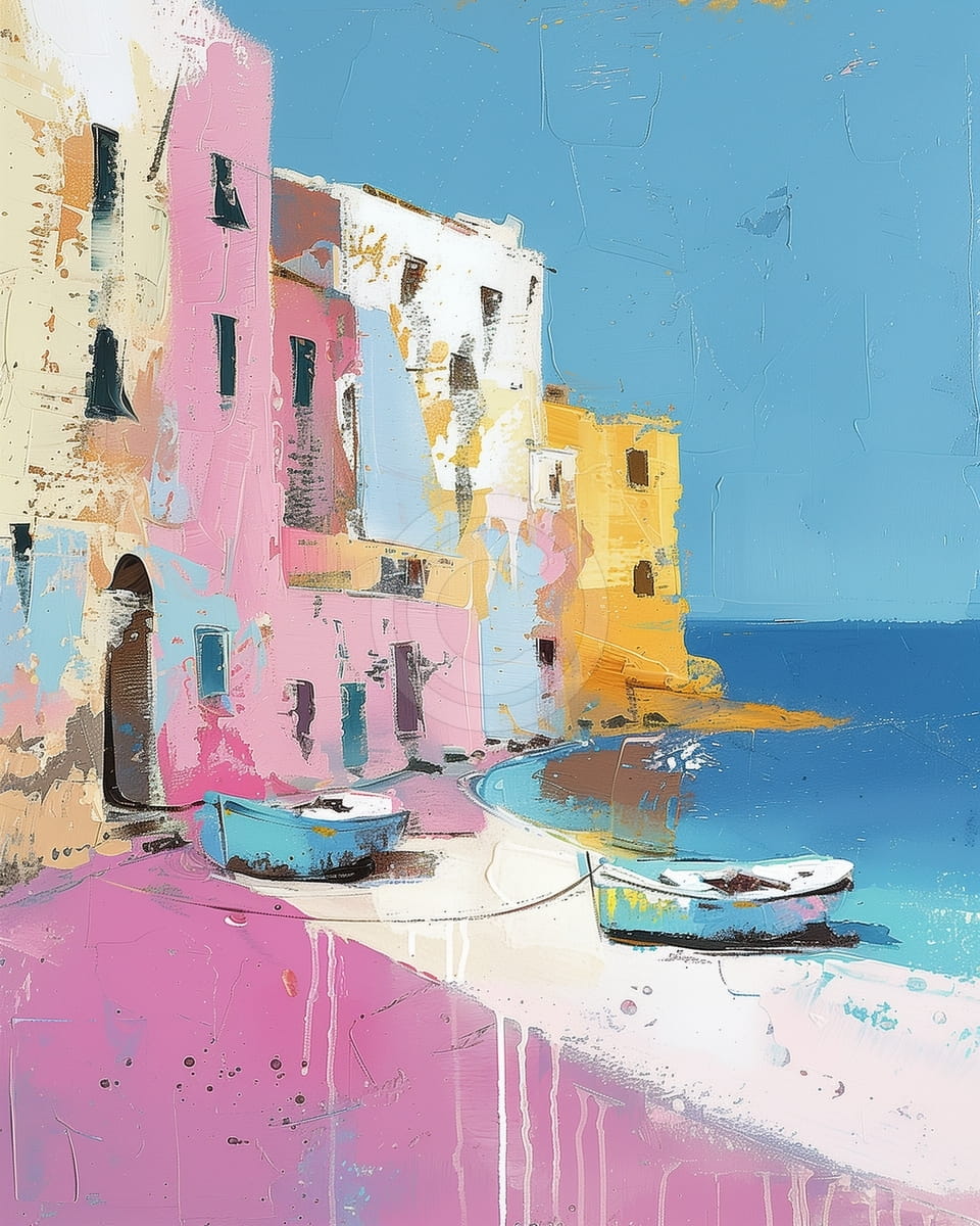 Colorful Seaside Village with Boats