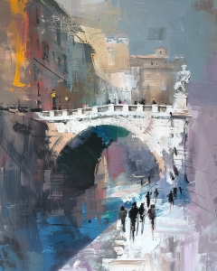 Bridge with Statue and City Walkers