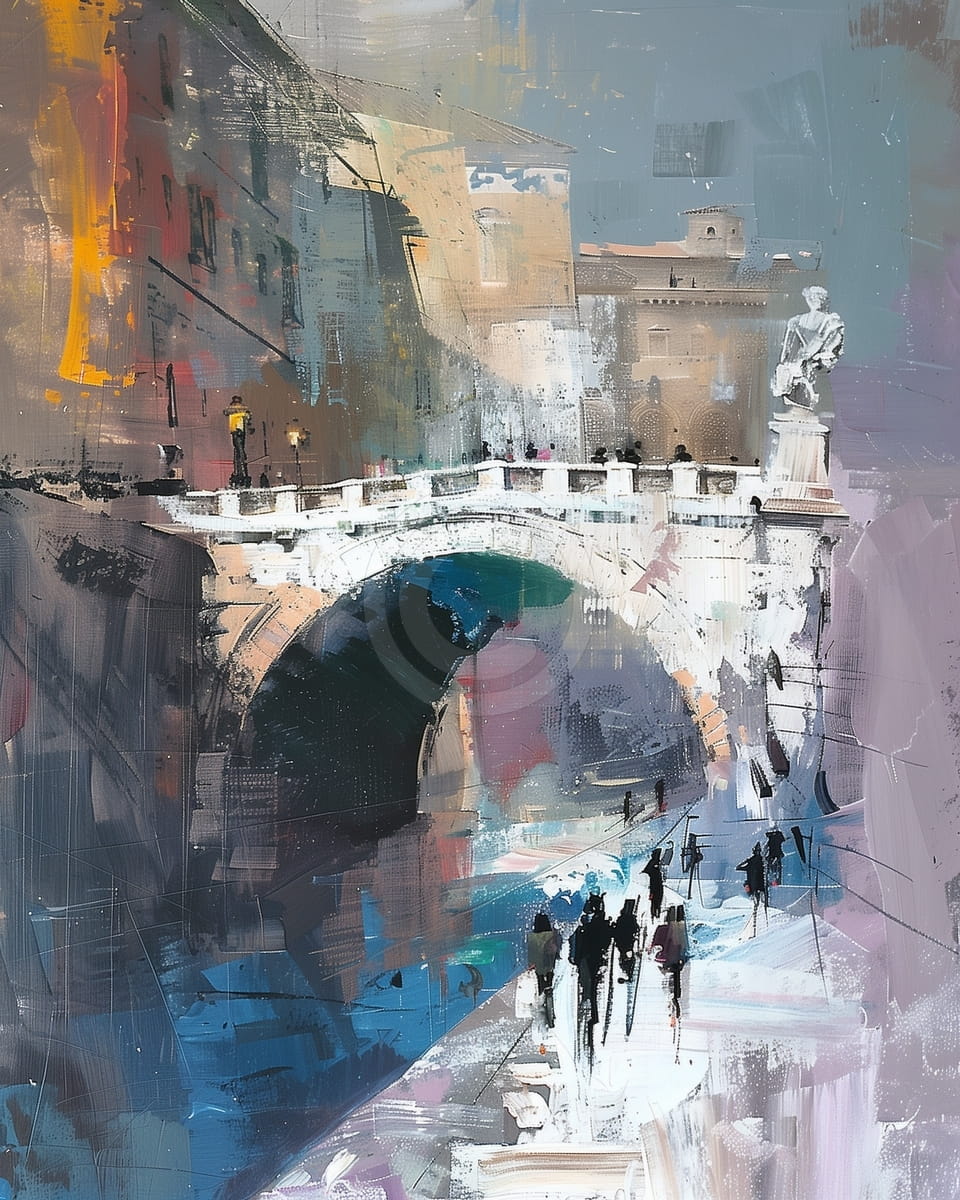 Bridge with Statue and City Walkers