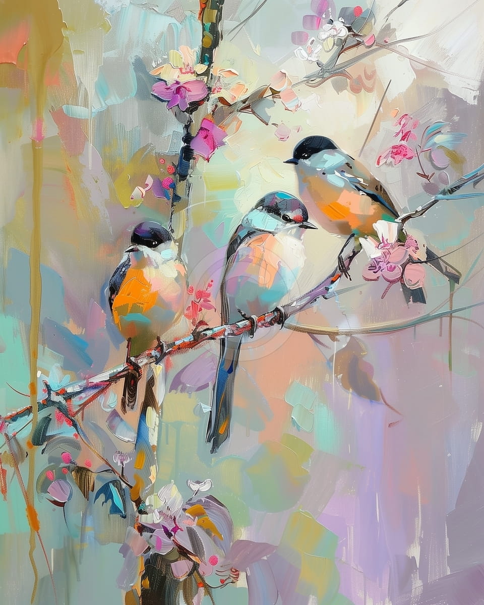 Drei Vögel auf einem Blühenden Zweig