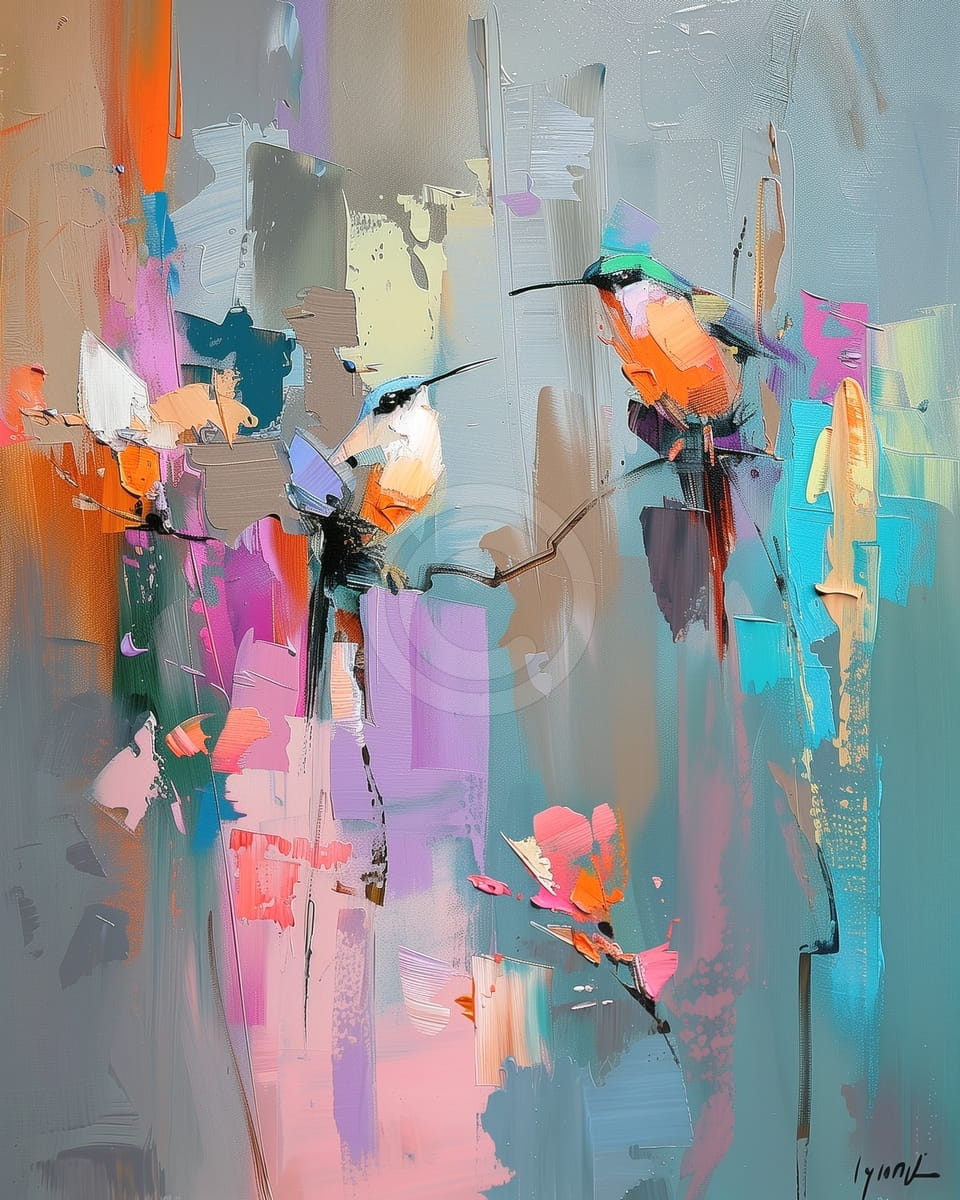 Zwei Kolibris auf Bunten Zweigen