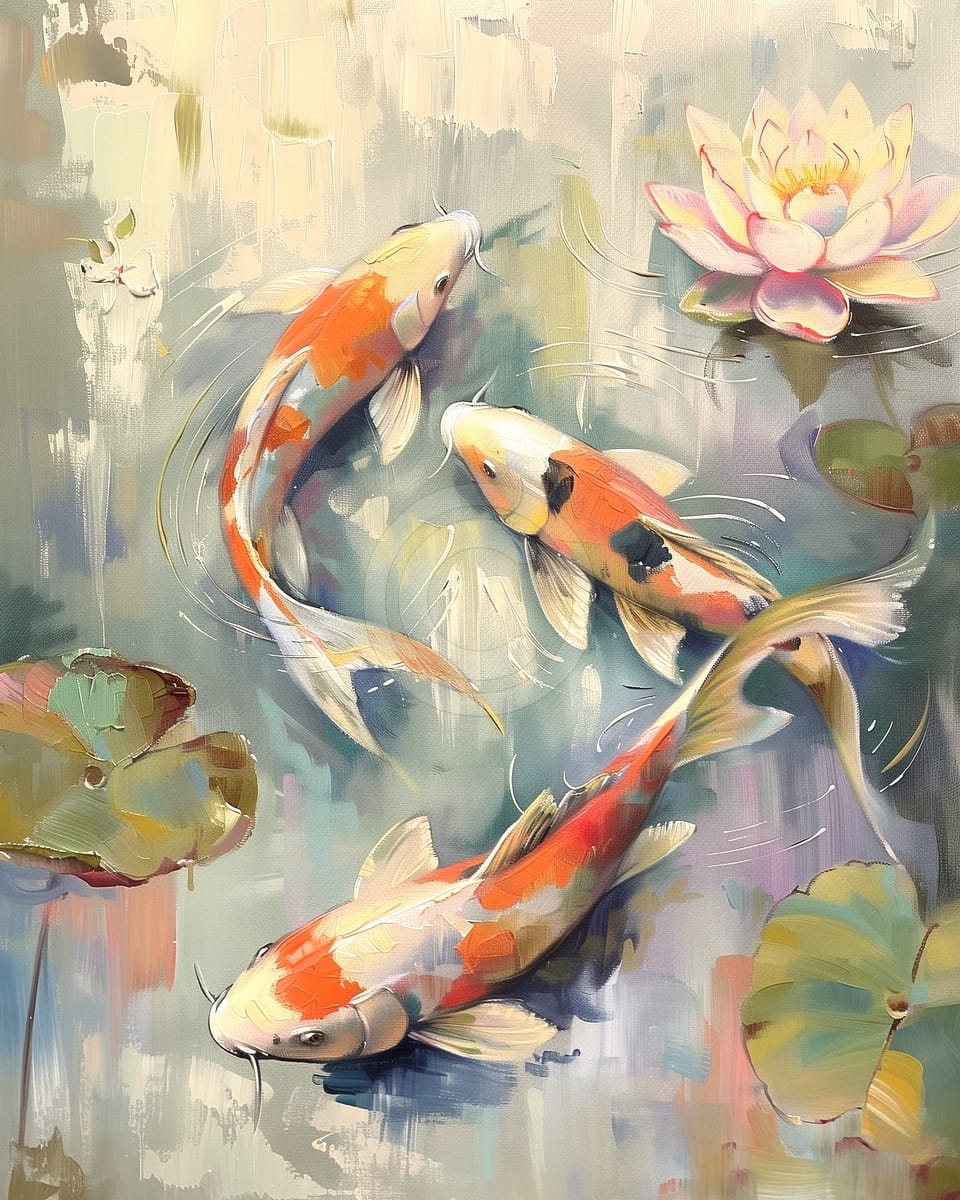 Tre Carpe Koi e un Fiore di Loto
