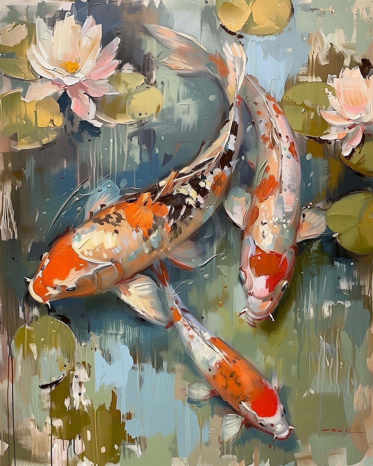 Drei Koi-Fische mit Seerosen