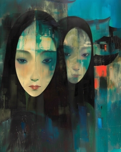 Two Women with Abstract Faces and Pagoda Background