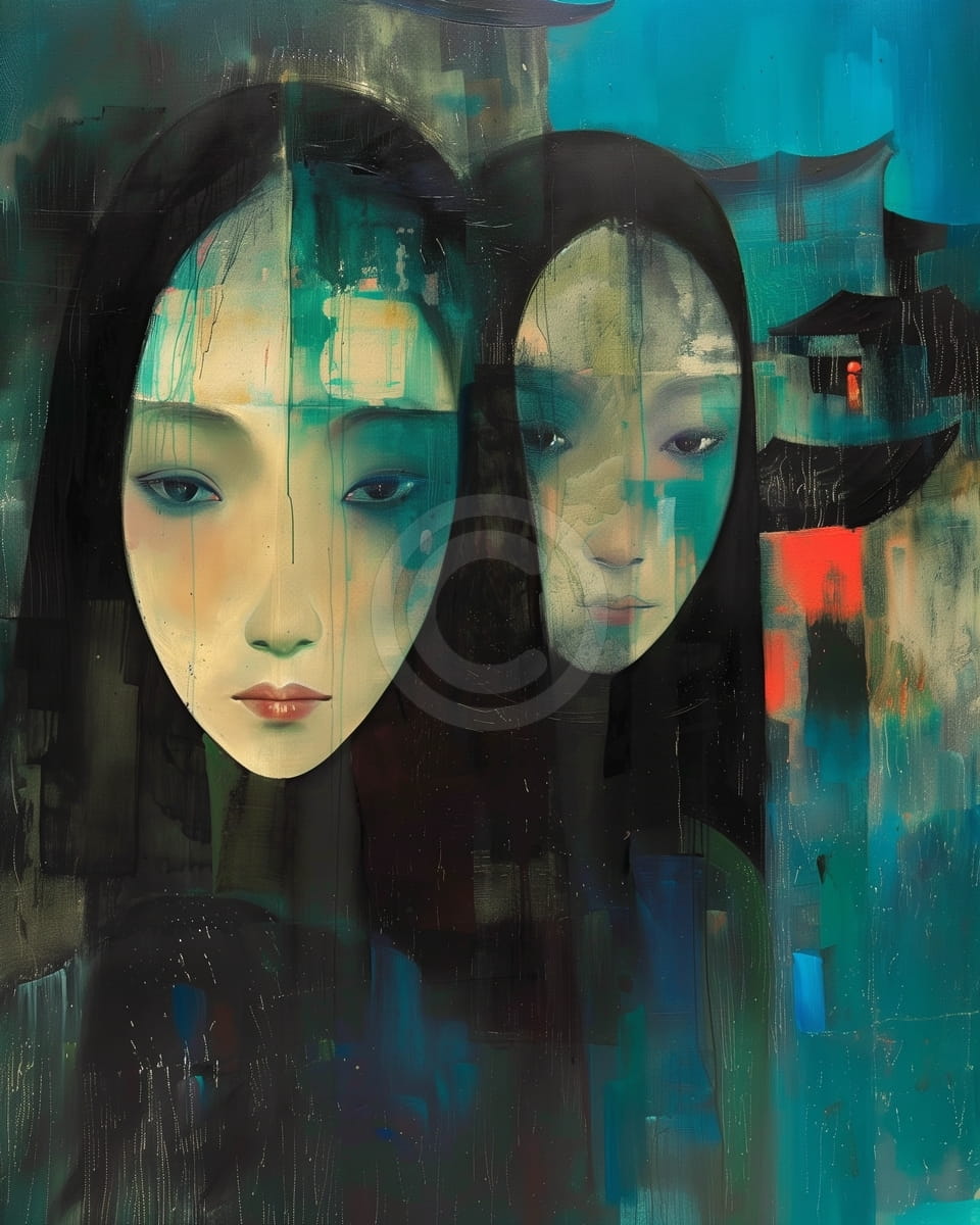 Two Women with Abstract Faces and Pagoda Background