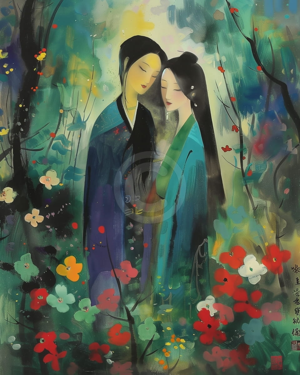 Deux femmes dans un jardin fleuri