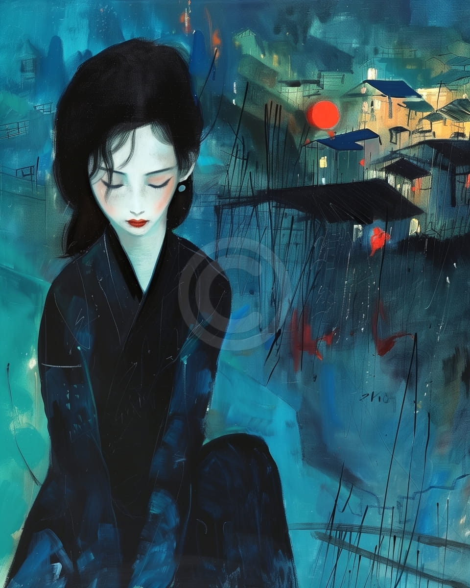 Donna in nero con città al crepuscolo