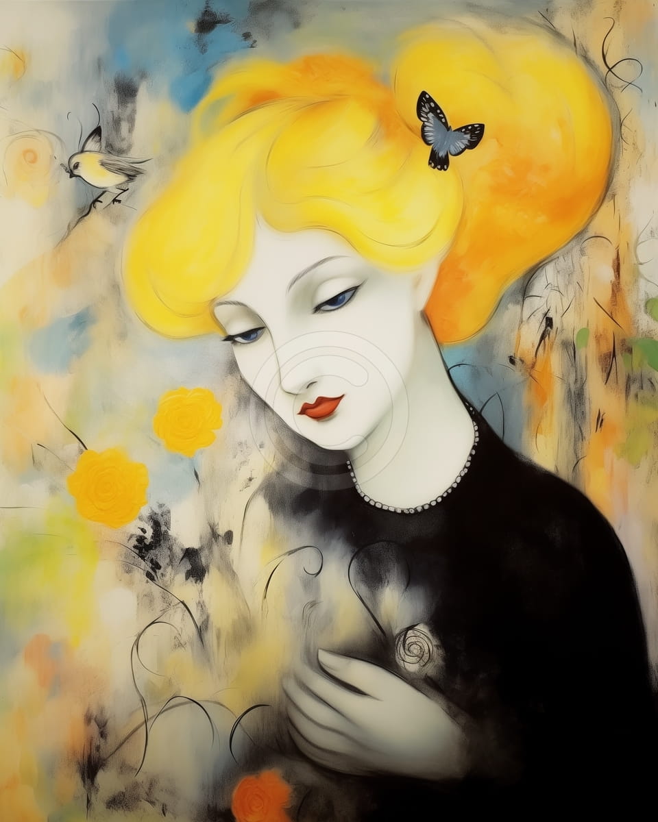 Mujer con Cabello Amarillo y Rosas Naranjas