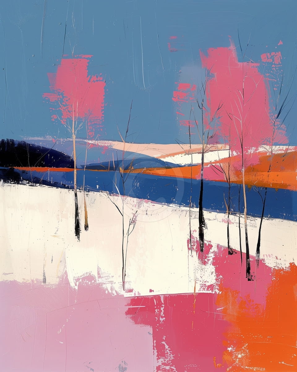 Paisaje invernal abstracto con árboles rosados