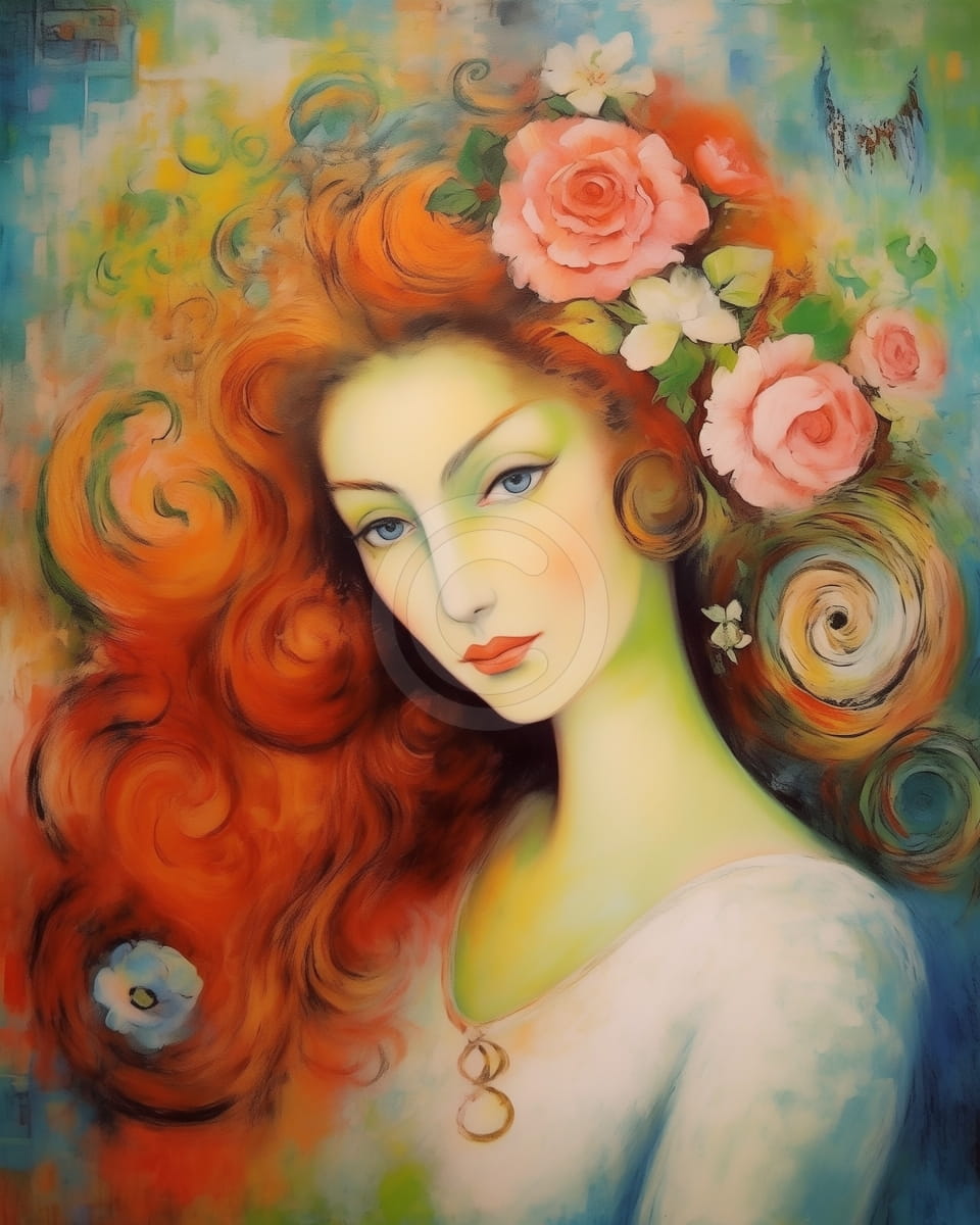 Mujer con cabello rojo y rosas en el cabello