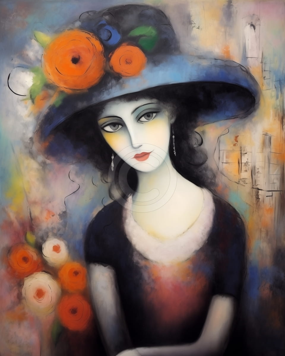 Frau mit blauem Hut und orangefarbenen Blumen