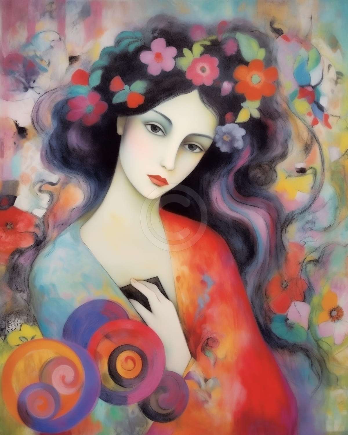 Femme aux fleurs dans les cheveux et robe colorée