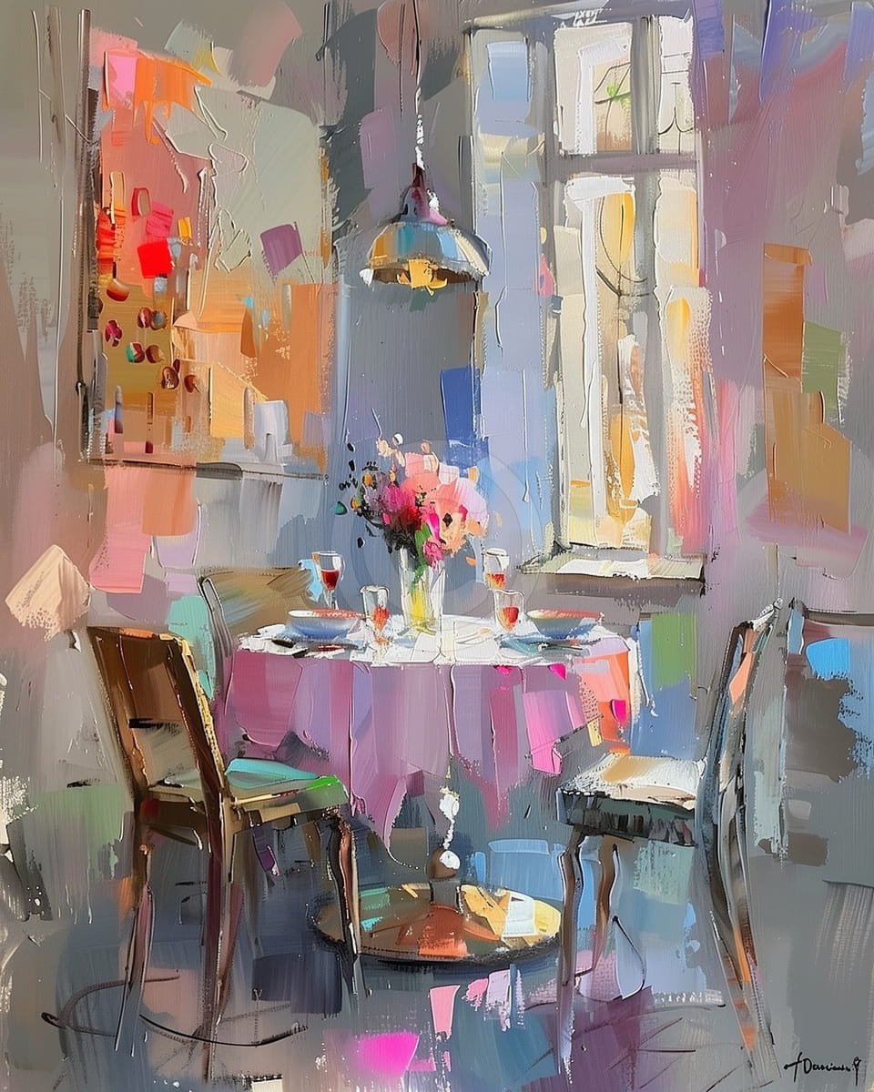 Esstisch mit Blumen und Wein