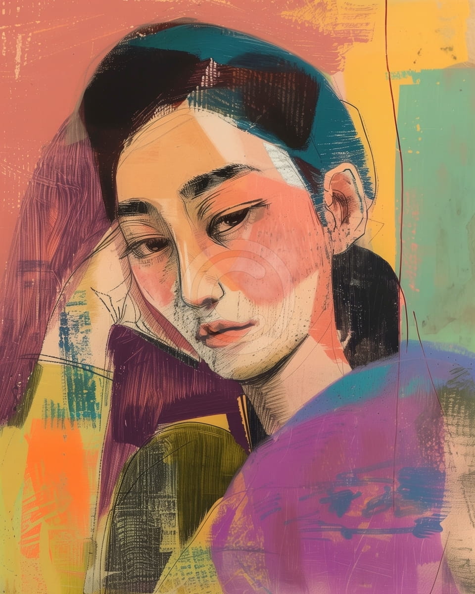 Mujer con la mano en el rostro en abstracto colorido