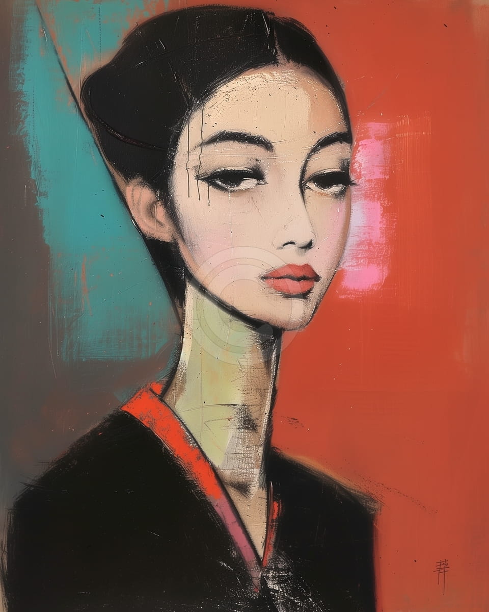 Woman with Red Lips and Elongated Neck