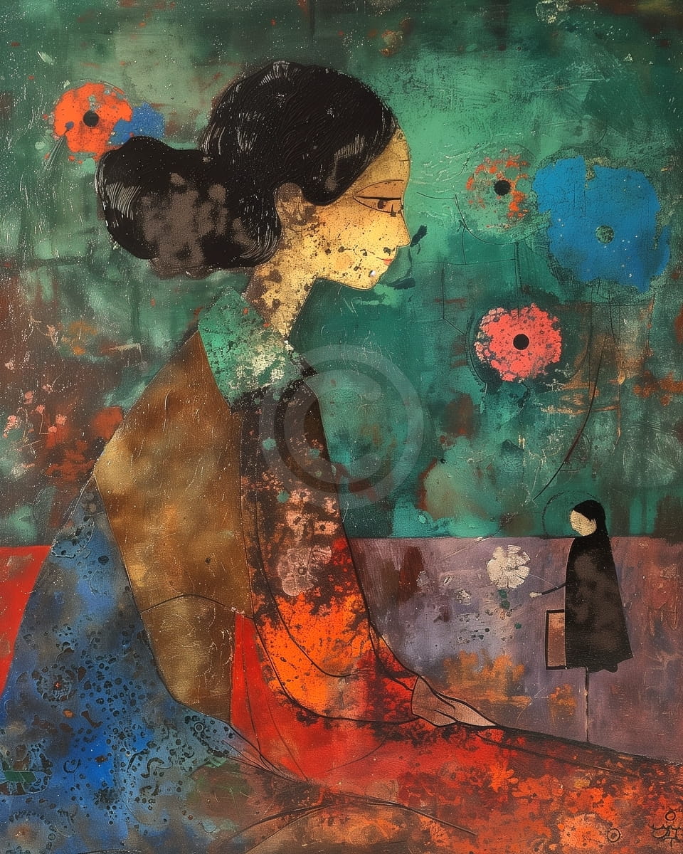 Femme avec Enfant et Fleurs Abstraites