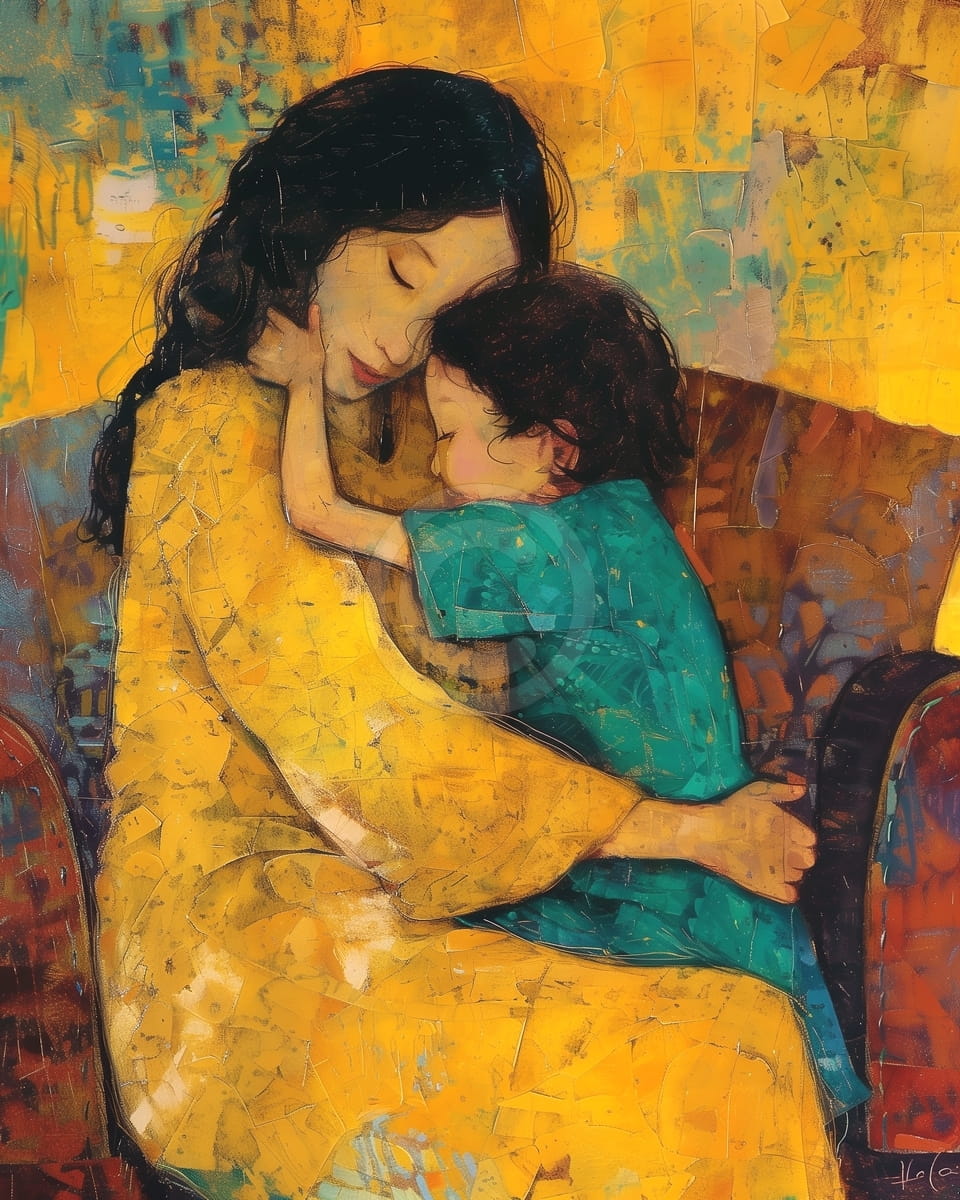 Madre Abrazando al Niño en Amarillo y Azul