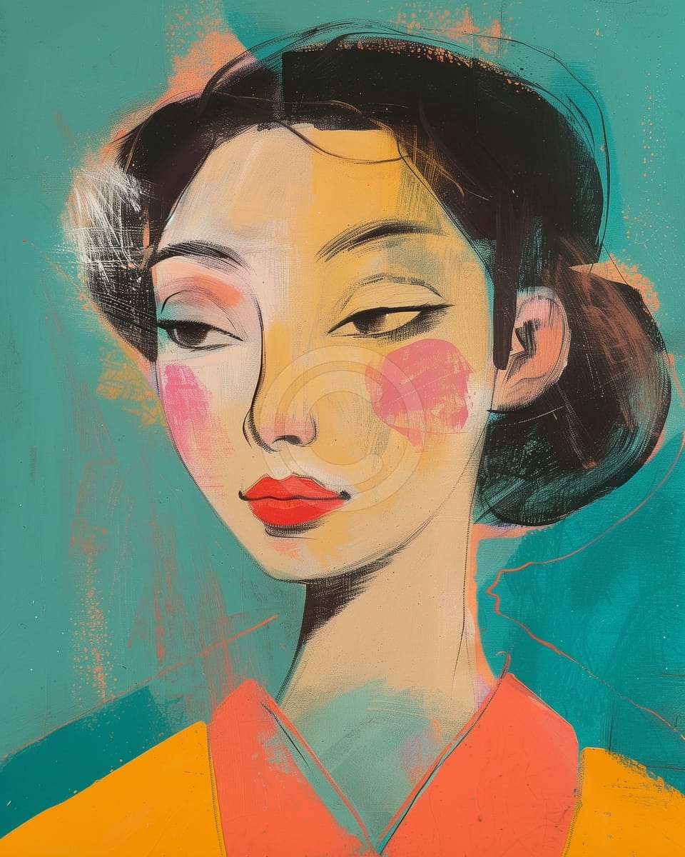 Frau mit roten Lippen und geröteten Wangen vor türkisfarbenem Hintergrund