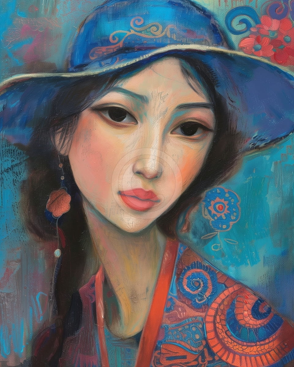 Mujer con Sombrero Azul y Chal Bordado