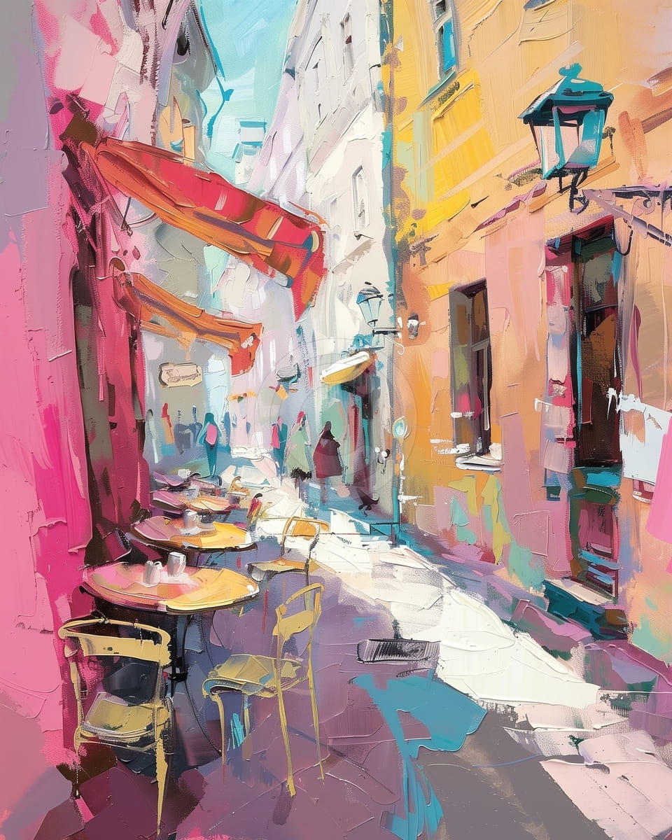 Mesas de café vacías en una calle colorida