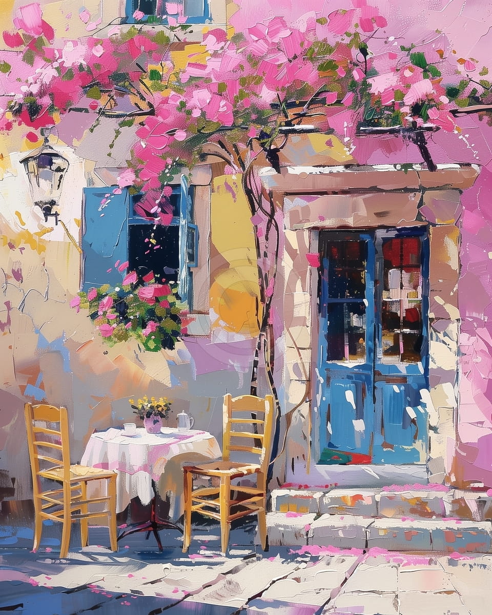 Due sedie vicino a una porta blu con fiori rosa