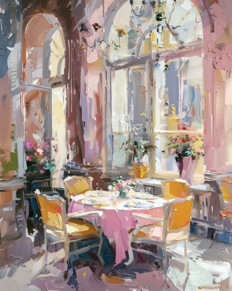 Elegantes Esszimmer mit Rundbogenfenstern und Blumendekor