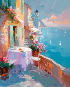 Tavolo per due su terrazza vista mare con fiori