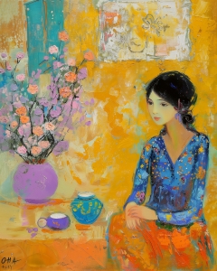 Donna con Fiori e Set da T&egrave; su Sfondo Giallo