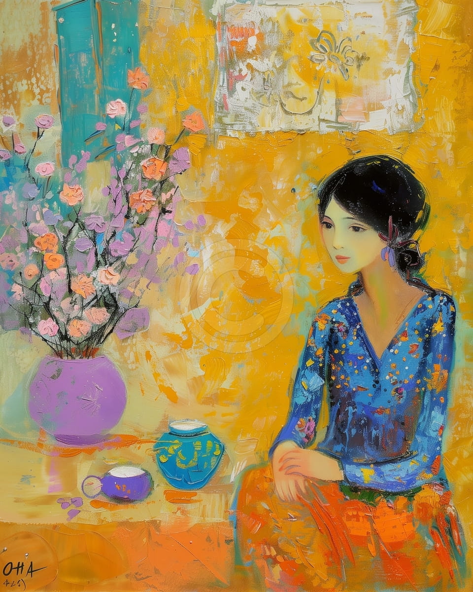 Mujer con Flores y Juego de Té sobre Fondo Amarillo