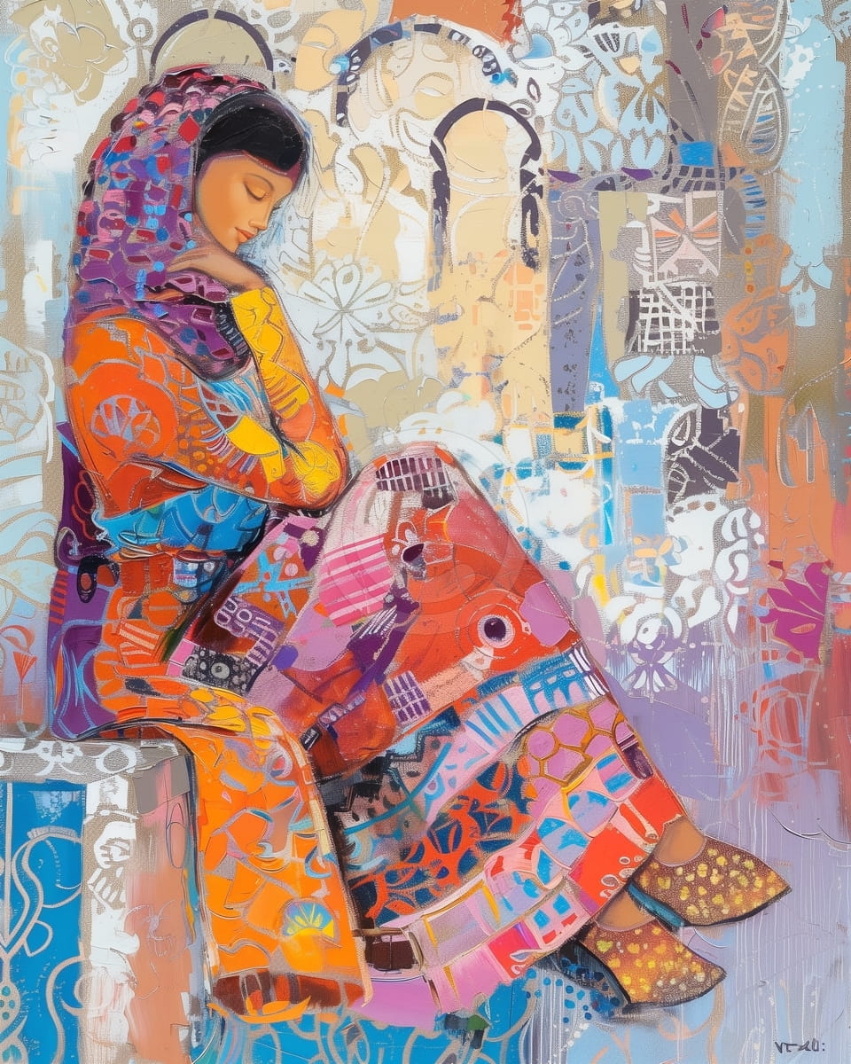 Woman in Patterned Dress Sitting with Eyes Closed