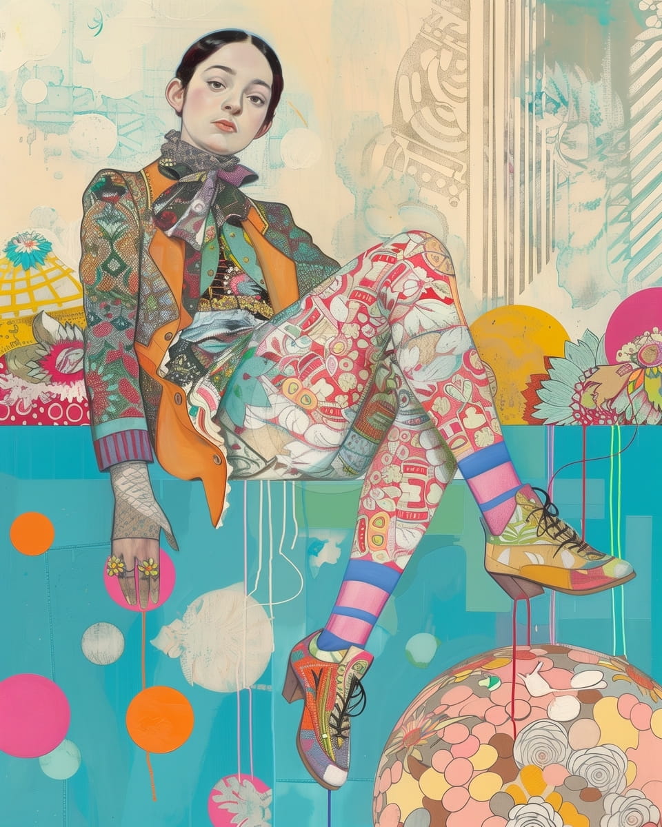  Seated Woman in Patterned Clothes with Bright Background