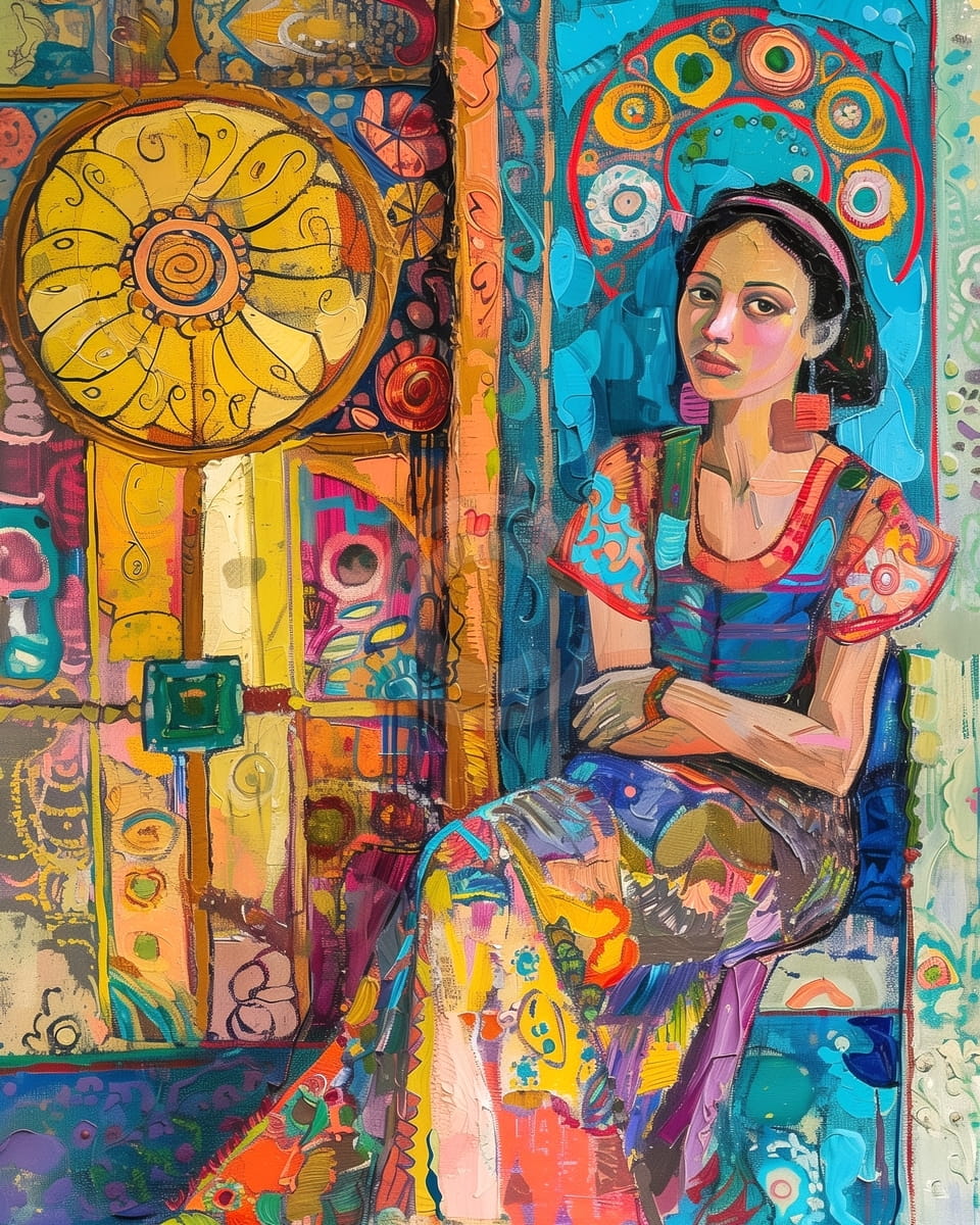 Frau im bunten Kleid sitzt neben Wandkunst