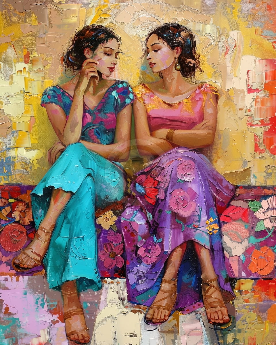 Dos Mujeres Sentadas con Vestidos Florales