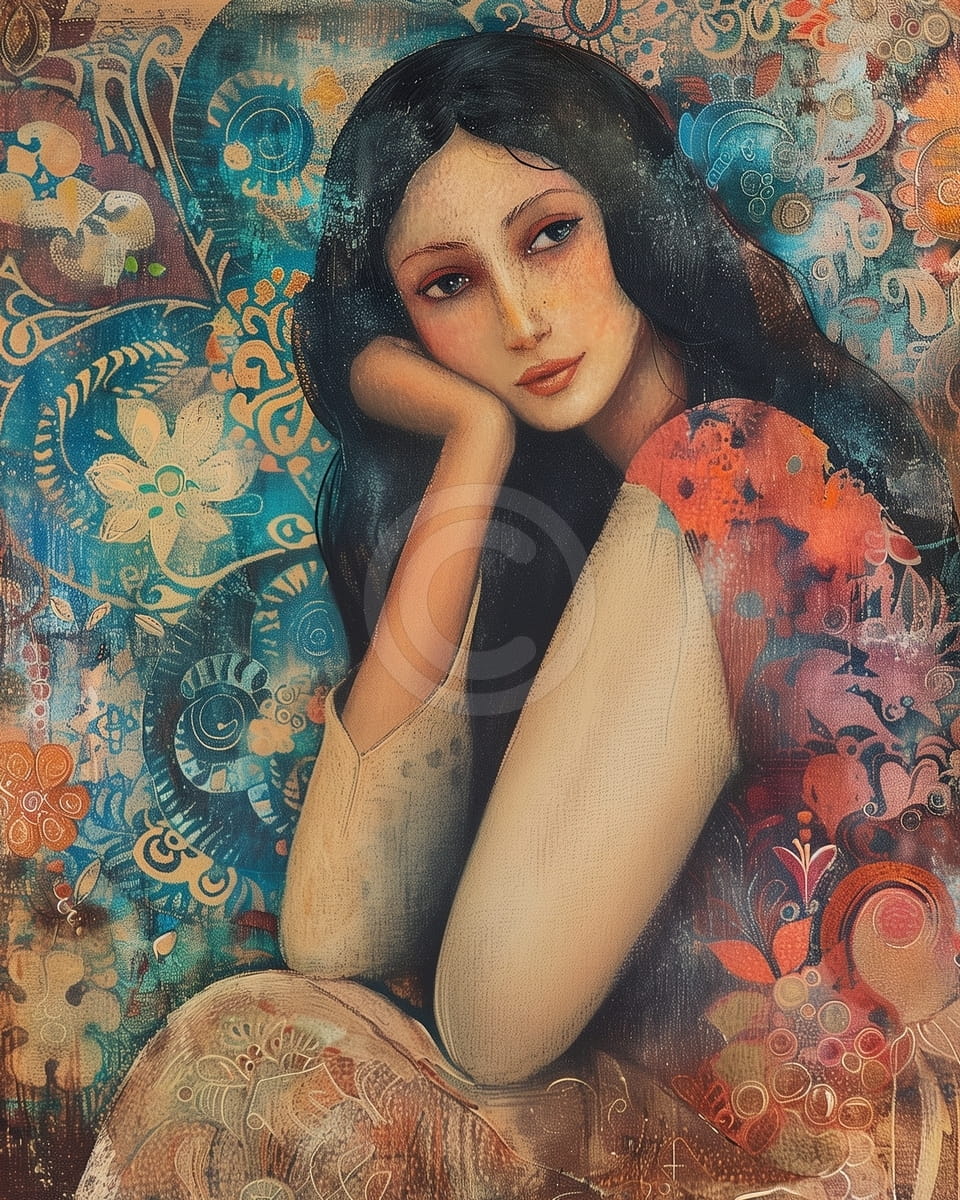 Mujer de Cabello Largo con Fondo Floral