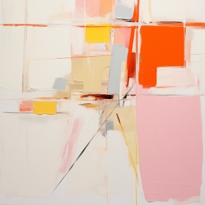 Gran Bloque Rosa con Acentos Rojos y Amarillos sobre Cuadr&iacute;cula Crema