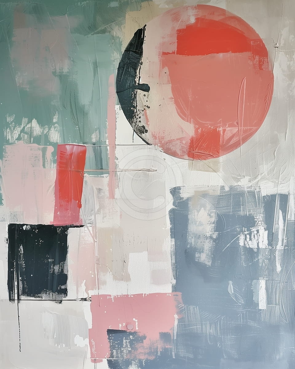 Grande Cerchio Rosso con Blocchi Neri e Rosa su Sfondo Verde-Grigio