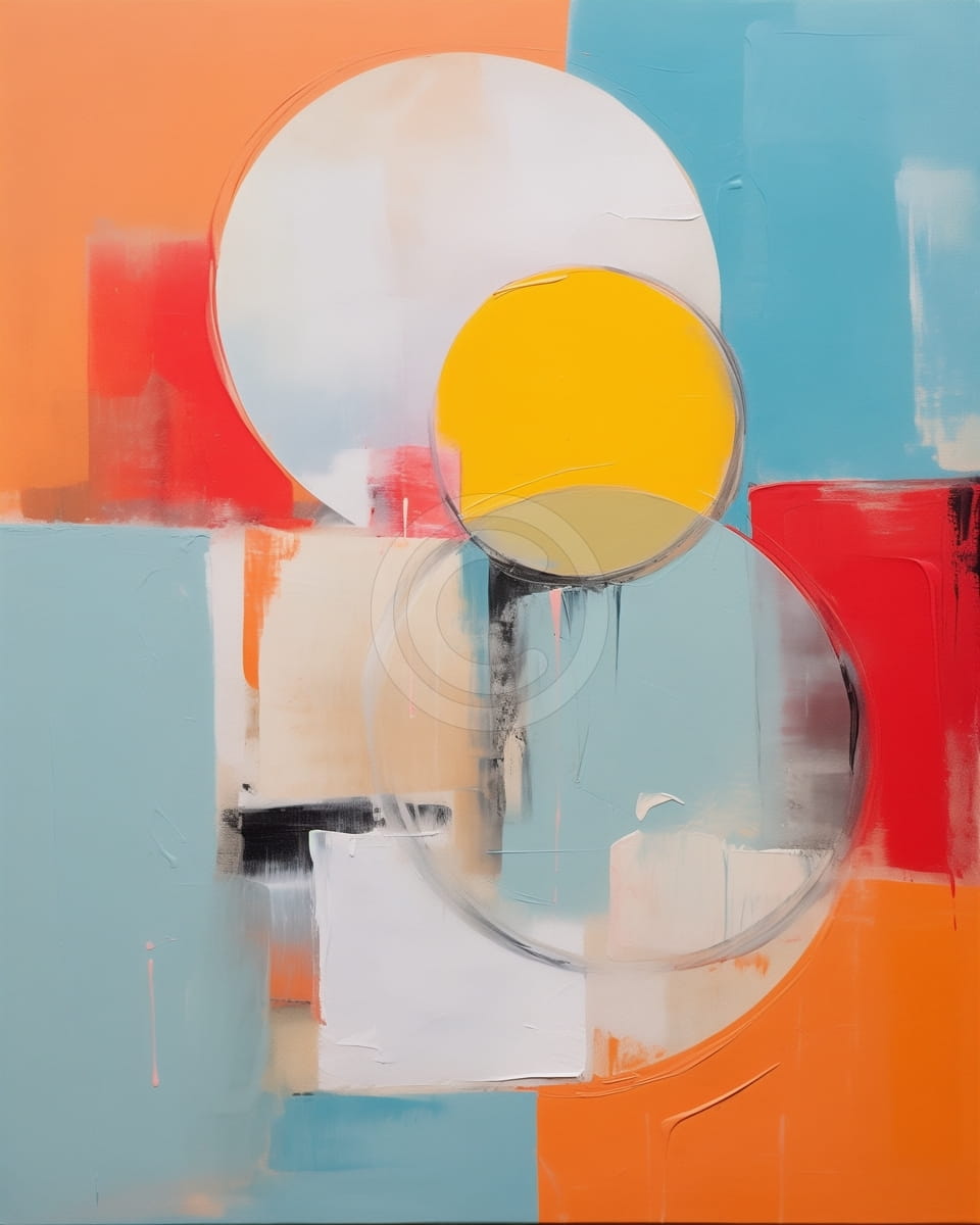 Überlappende Gelbe und Weiße Kreise auf Orangen und Blauen Blöcken