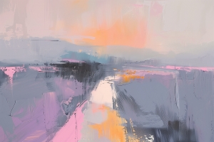 Fiume Rosa e Grigio sotto un Cielo Arancione