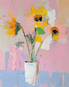 Three Sunflowers in a White Pot
