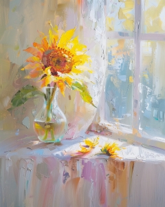 Girasol Solitario en un Florero de Vidrio en la Ventana