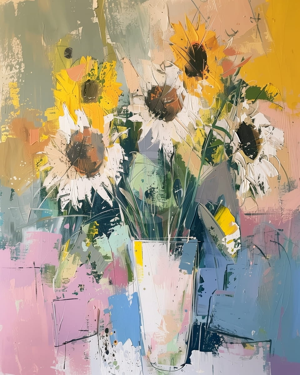 Sunflowers and White Daisies in a Tall Vase